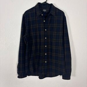 Wilson & Willy's Navy Blue & Brown Wool Plaid Button Down Flannel Shirt Men's La